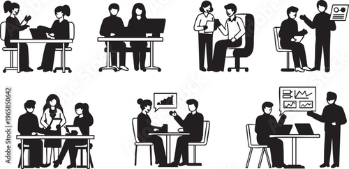 Black silhouette office workers in various meeting and working positions silhouettes meetings