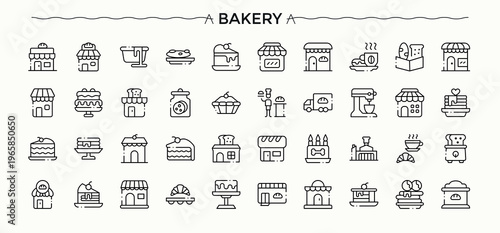 Bakery icon set. Minimalist icons collection. Contains related to sweet, cafe, bake, cook, pastry, cake. Vector illustration. Bakery Product icon set.