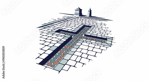 Stylized cobblestone path forming a cross, with abstract buildings in background