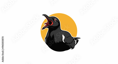 Stylized cartoon of a black bird with mouth open, red eyes, and orange circle background