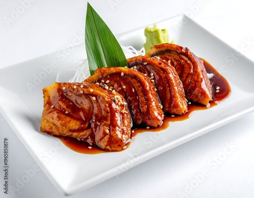 Close-up of sushi arrangement on a white rectangular plate