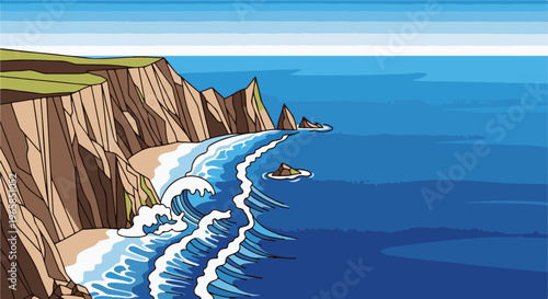 Stylized coastal cliffs with crashing waves under a striped sky