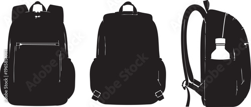 Black silhouette style backpacks in three views school bag travel bag