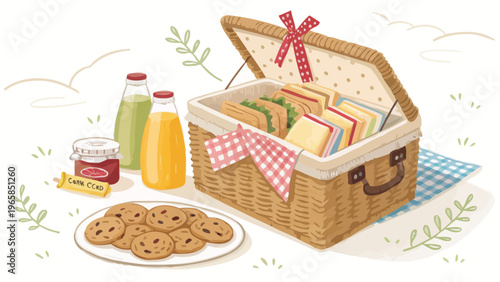 Family picnic basket with sandwiches juice boxes cookies and snacks on a blue gingham blanket outdoors