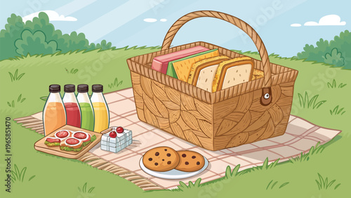 Family picnic basket with sandwiches juice boxes and snacks on blanket outdoors