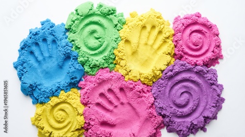 Top view of vibrant kinetic sand forming a colorful border with copy space for educational text