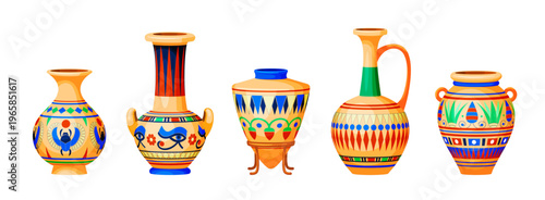 Egyptian pottery. Ancient egypt jar, nubian handcrafted vase traditional folklore urn amphora golden hieroglyph pharaoh decoration museum, cartoon qualitative vector illustration