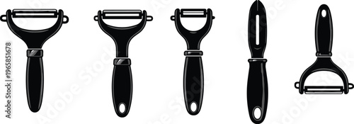 Kitchen vegetable peelers, black handle tools, metal blade design, ergonomic cooking gadget, culinary utensil, household appliance, modern kitchen decor