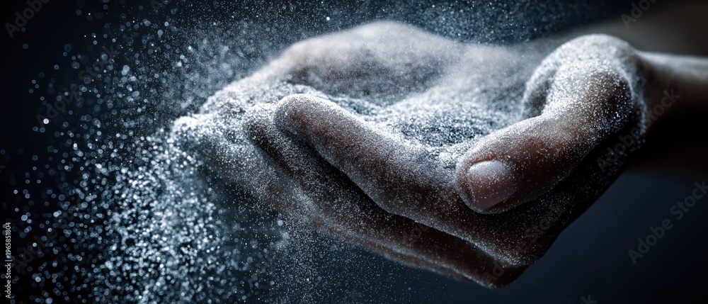 Fototapeta premium Hands holding and pouring shimmering kinetic sand in the dark for visual and tactile sensory play