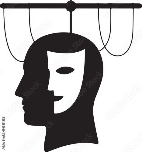 A conceptual illustration of a silhouette head being controlled like a puppet by hanging strings