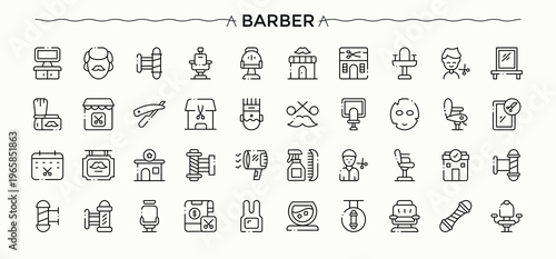 Barber icon set. Hairstyle icon set. Set of line pictogram. Pictograms of dresser, style, shop, barbershop and more. Editable stroke. Vector collection.
