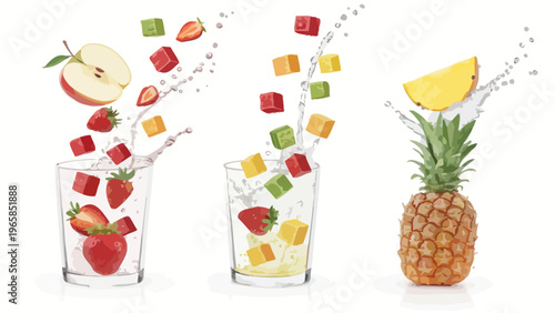 Assorted fruit cubes dropping into glasses with straws and fresh fruit on white background