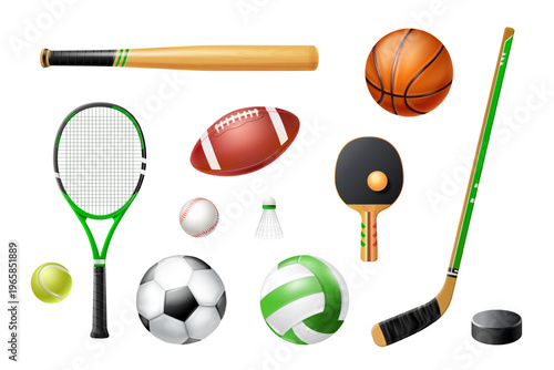 Realistic sport club equipment. Tennis rackets, baseball bats soccer balls football hockey sticks volleyball ball rugby 3d items racquet puck golf set exact vector illustration