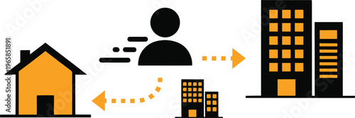Person moving between residential and corporate buildings, representing relocation or commute
