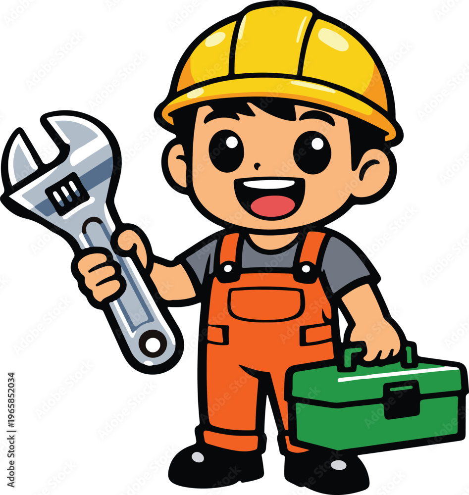 Fototapeta premium Cheerful Construction Worker Holding Large Silver Wrench and Green Toolbox, Cute Cartoon Handyman Character vector illustration 