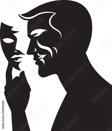 A minimalist black and white illustration of a man holding a theatrical mask in front of his face