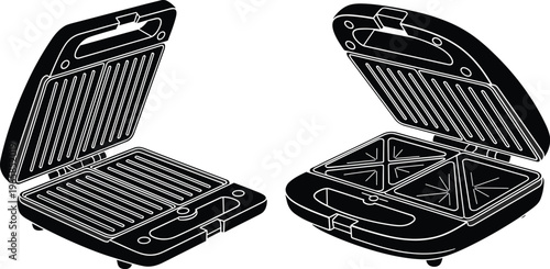 Electric sandwich maker, kitchen appliance, grill plates, triangular molds, cooking device, food preparation, household gadget, modern design, culinary tool