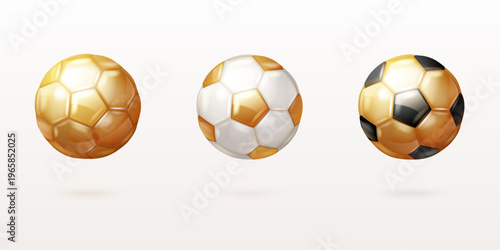 Golden soccer balls. Realistic gold black white ball, football winner trophy sport prize championship win team competition design element 3d isolated set exact vector illustration