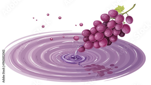 Purple grapes dropping into rippling liquid with circular waves on a white background