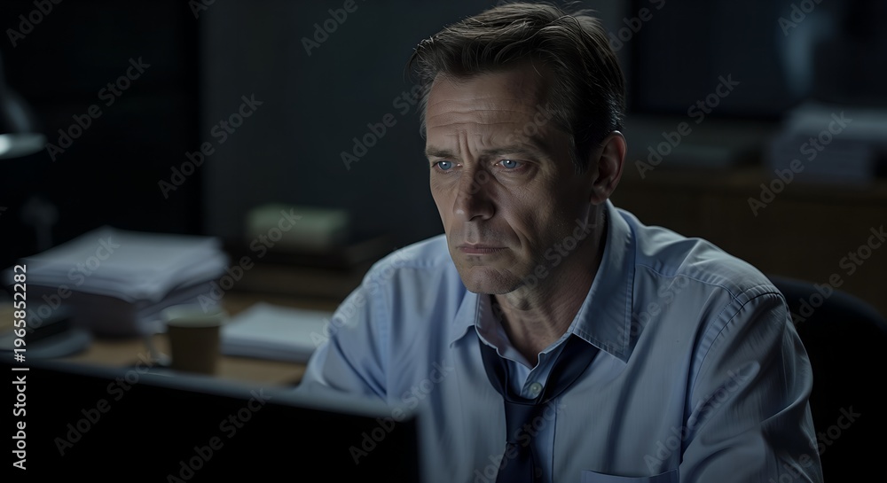 Obraz premium Thoughtful Business Man Working at Night Computer Office Low Light Scene