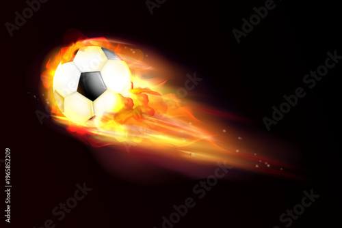 Soccer fire ball. Realistic fiery soccer balls, football game goal flame burning kick speed motion hot flying power effect background 3d isolated vector exact vector illustration