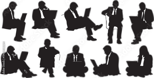 Black silhouettes of businesspeople working on laptops or phones white background