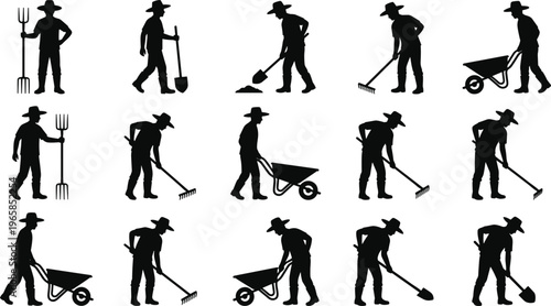 Farmer Silhouettes Set with Agricultural Tools Including Pitchfork Shovel Rake and Wheelbarrow for Gardening Farming and Rural Work Vector Icons
