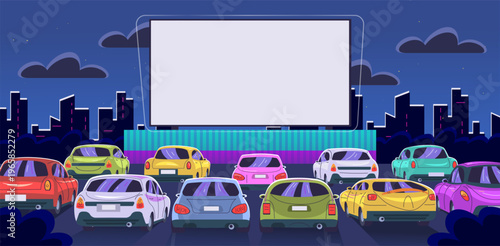 Drive cinema theater. Drive-in movie outdoor parking, lot car at classic retro film screen screen night festival automobile watching city entertainment classy vector illustration