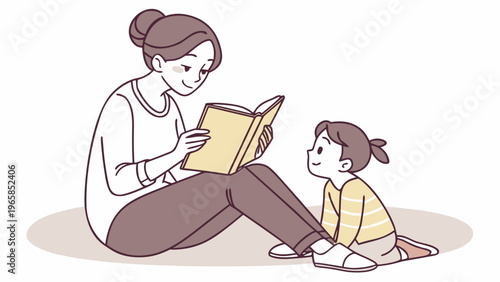 A mother reads a book to her young daughter in a heartwarming illustration