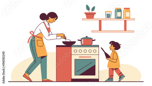 A mother and child cooking together in a modern kitchen with a vector illustration style