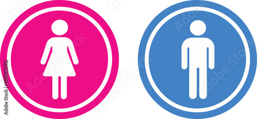 Female and Male Restroom Signs with Pink and Blue Circular Icons, Flat Minimalist Bathroom Symbols vector illustration
