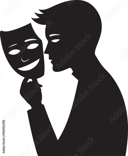 A black silhouette of a person holding a theatrical comedy mask to hide their true facial identity