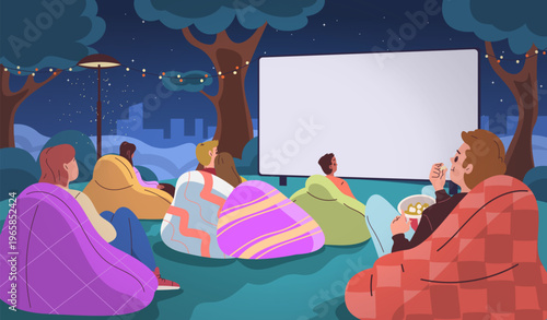 Outdoor cinema theater. Night movie night summer festival, people watching film screen projector in park backyard lawn open air theatre entertainment classy vector illustration
