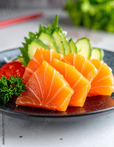 Close-up of sushi arrangement on plate, featuring salmon, cucumber, and garnish