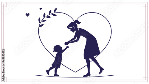A heartwarming vector illustration of a mother and child in a loving embrace, surrounded by a heart and leaves.