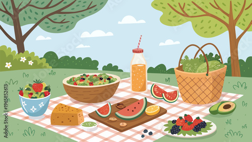 Healthy picnic theme with salads smoothies and organic food on a blanket in a park