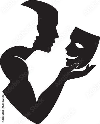 A minimalist black and white illustration of a person holding a theatrical mask in their hand