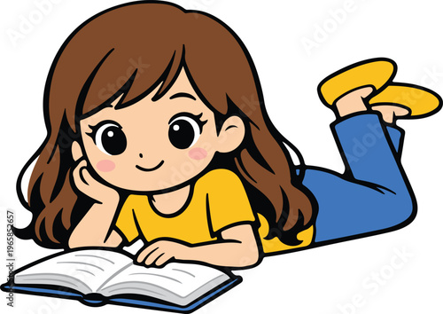 Young Girl with Long Brown Hair Lying on Stomach Reading Open Book, Wearing Yellow Shirt and Blue Pants with Yellow Shoes, Cute Cartoon Flat Style vector illustration
