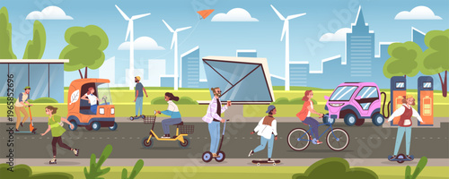 Eco transport city background. People crowd ride on electric car, scooter bicycle bike ecology green park citizens healthy life sustainable environment, classy vector illustration