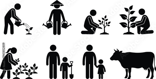 Set of agriculture pictograms showing organic farming activities including watering plants gardening livestock management harvesting and teaching children sustainable rural lifestyle