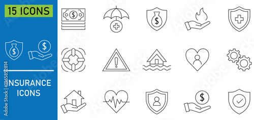 Collection of insurance set of web icons in line style. Containing protection, customer, warranty, security, legal document, property, health insurance and more. Perfect for insurance companies. 