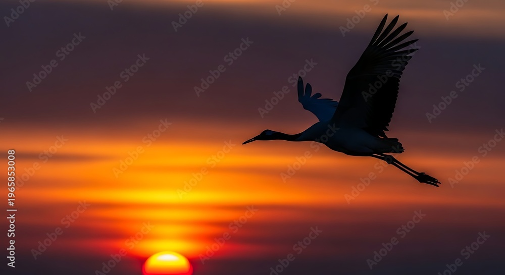 Fototapeta premium A majestic crane glides gracefully through the vibrant sky during a breathtaking sunset, casting a striking silhouette.