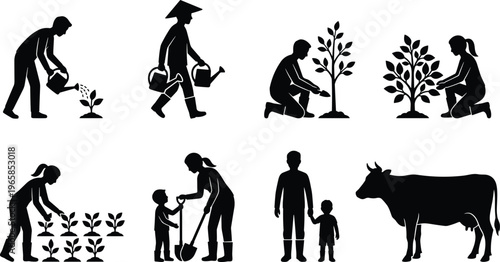Set of black silhouette icons featuring farmers gardening, planting trees, watering crops, family farming, rural lifestyle, and livestock dairy cow.