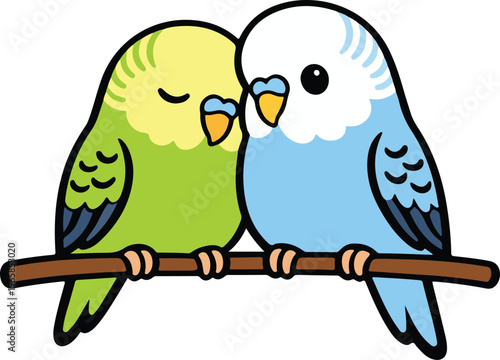 Cute Green and Blue Parakeet Birds Cuddling on Branch, Kawaii Love and Affection Cartoon Style vector illustration
