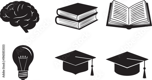 Black silhouettes of education including brain lightbulb books and graduation caps learning
