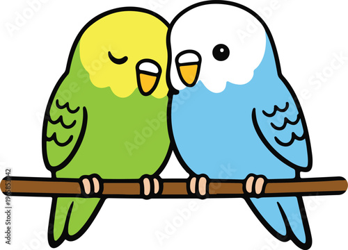Adorable Green and Blue Parakeet Budgies Nuzzling Together on Wooden Branch, Sweet Romantic Love Birds with Closed Eyes Showing Affection and Tenderness, Kawaii Cartoon Style vector illustration
