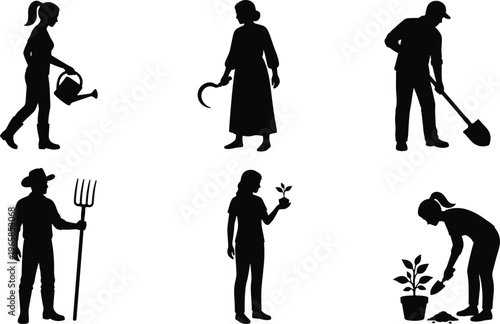 Set of Farmer Silhouettes and Gardeners Holding Tools Including Shovel Pitchfork Sickle and Watering Can for Agriculture and Horticulture Design