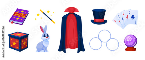 Magician trick elements. Magic trick accessories, wizard conjurer tool circus performer show set hat cloak crystal ball card box book rabbit cartoon qualitative vector illustration