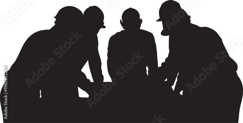 Black silhouettes of four construction workers in hard hats leaning on a surface
