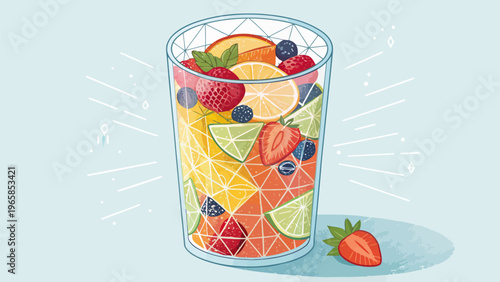 Isometric glass with colorful fruit splash forming a refreshing summer drink